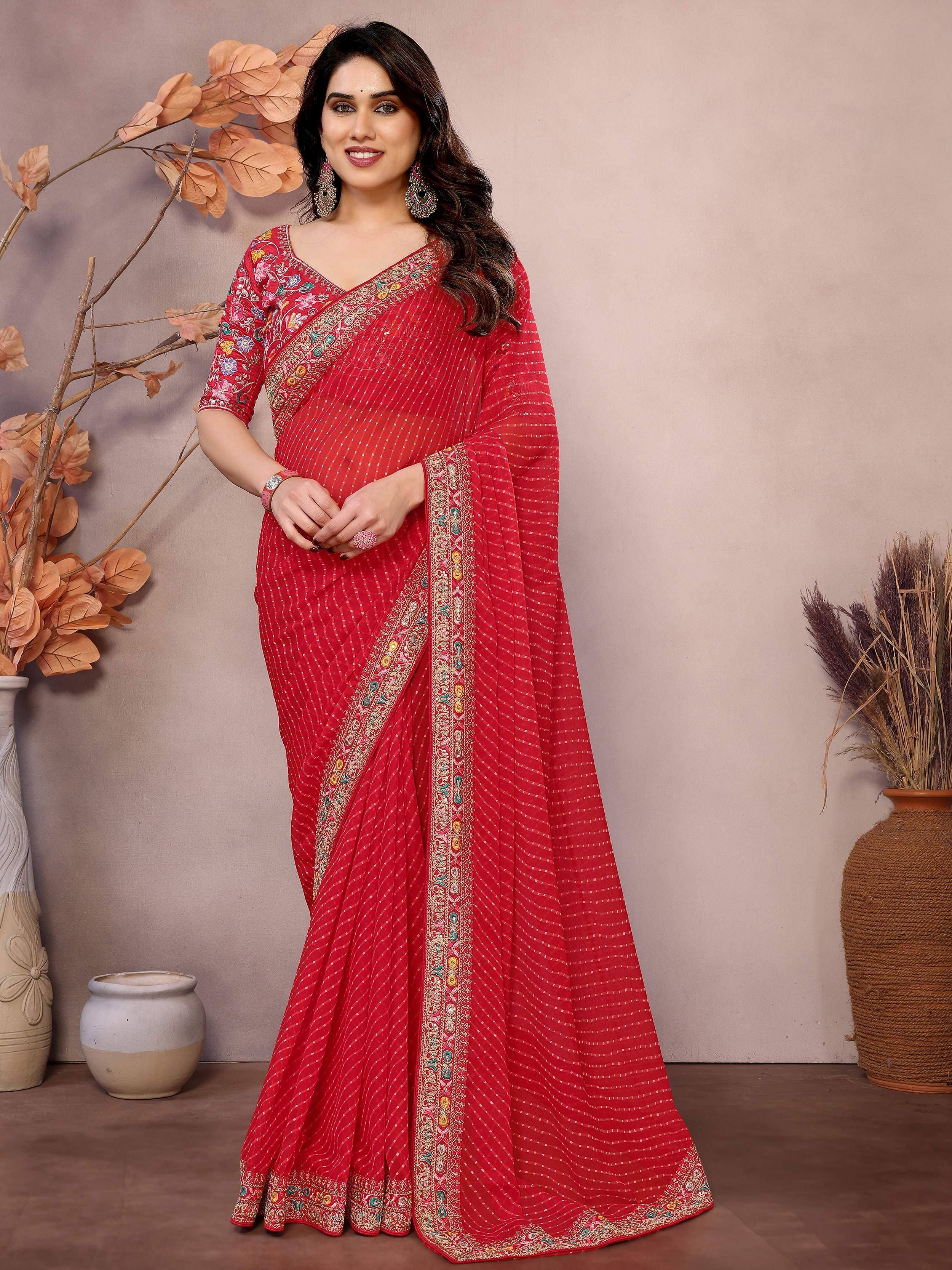 Red embroidered saree with floral blouse, perfect for Indian ethnic wear occasions
