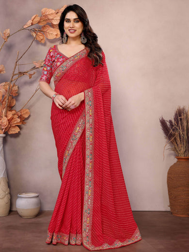 Classy Red Georgette Zari Embroidered Event Wear Saree With Blouse