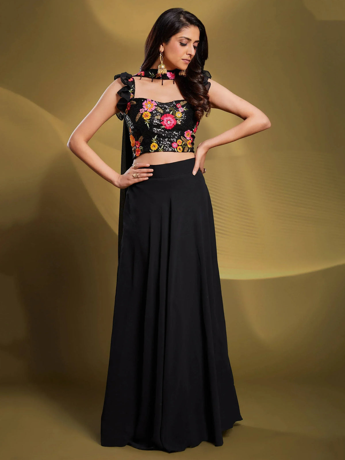 Black floral embroidered crop top with matching skirt, Indian ethnic wear