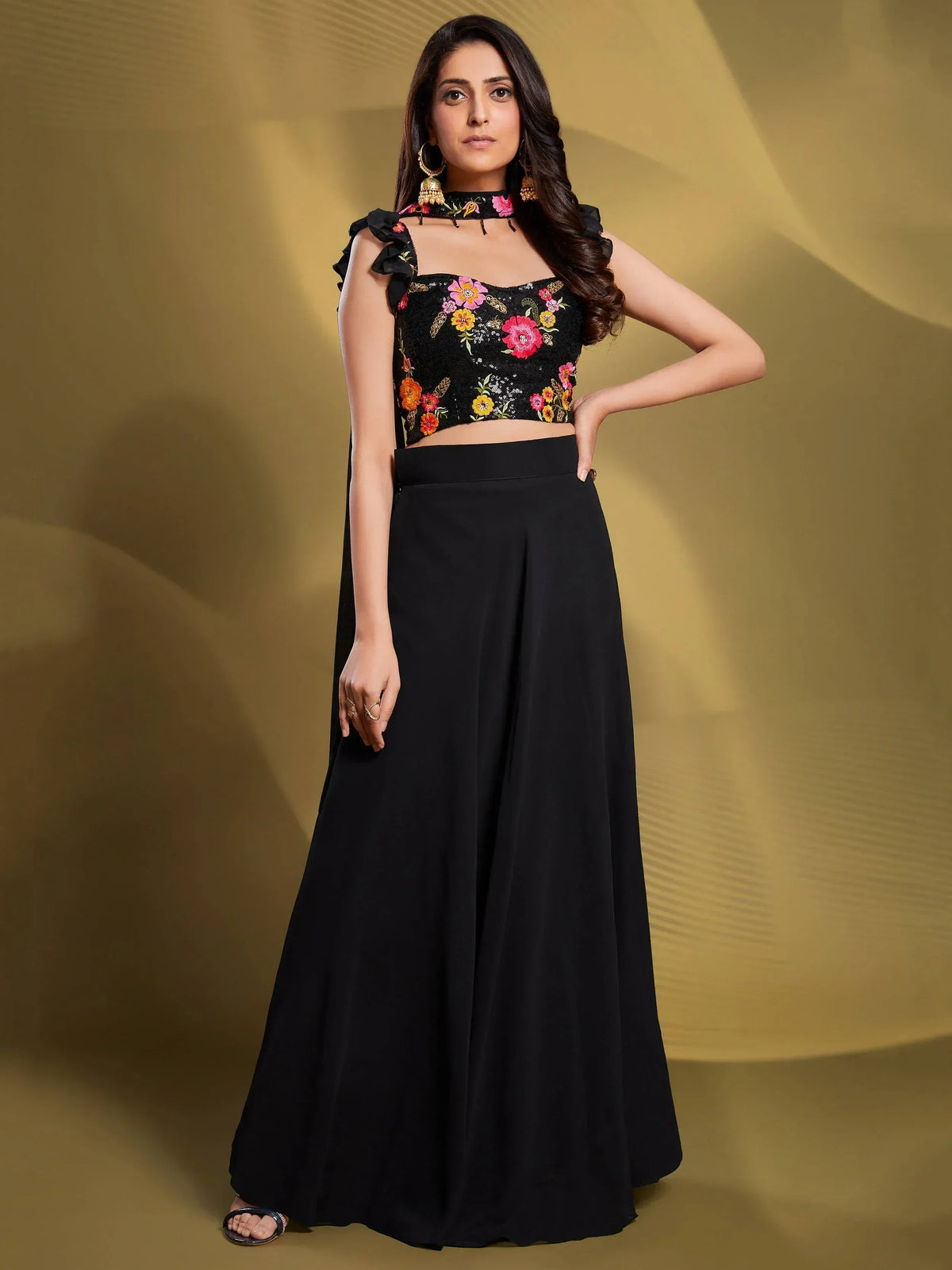 Black floral embroidered crop top with matching palazzo pants, ethnic wear
