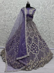 Alluring Purple Thread Embroidered Net Wedding Lehenga Choli