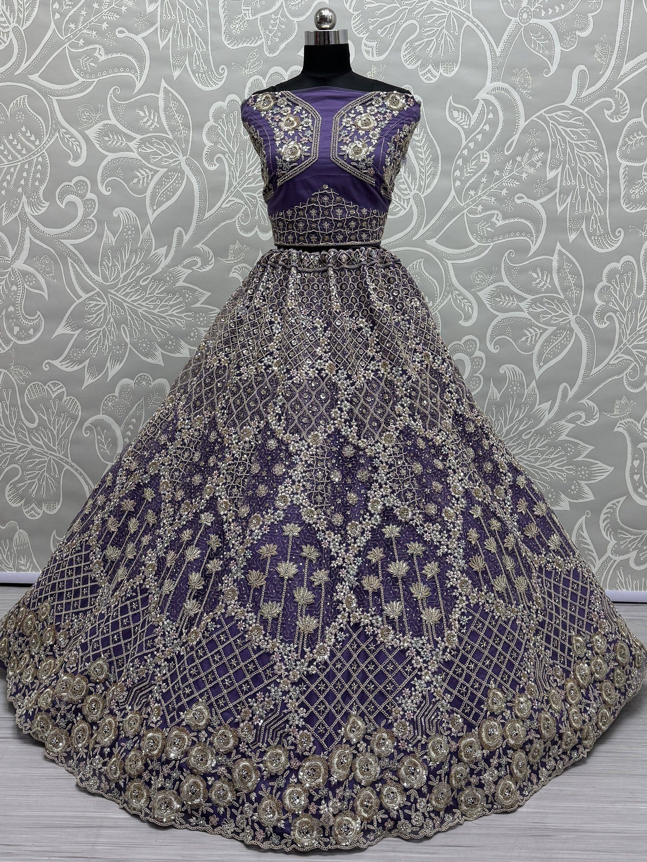 Alluring Purple Thread Embroidered Net Wedding Lehenga Choli
