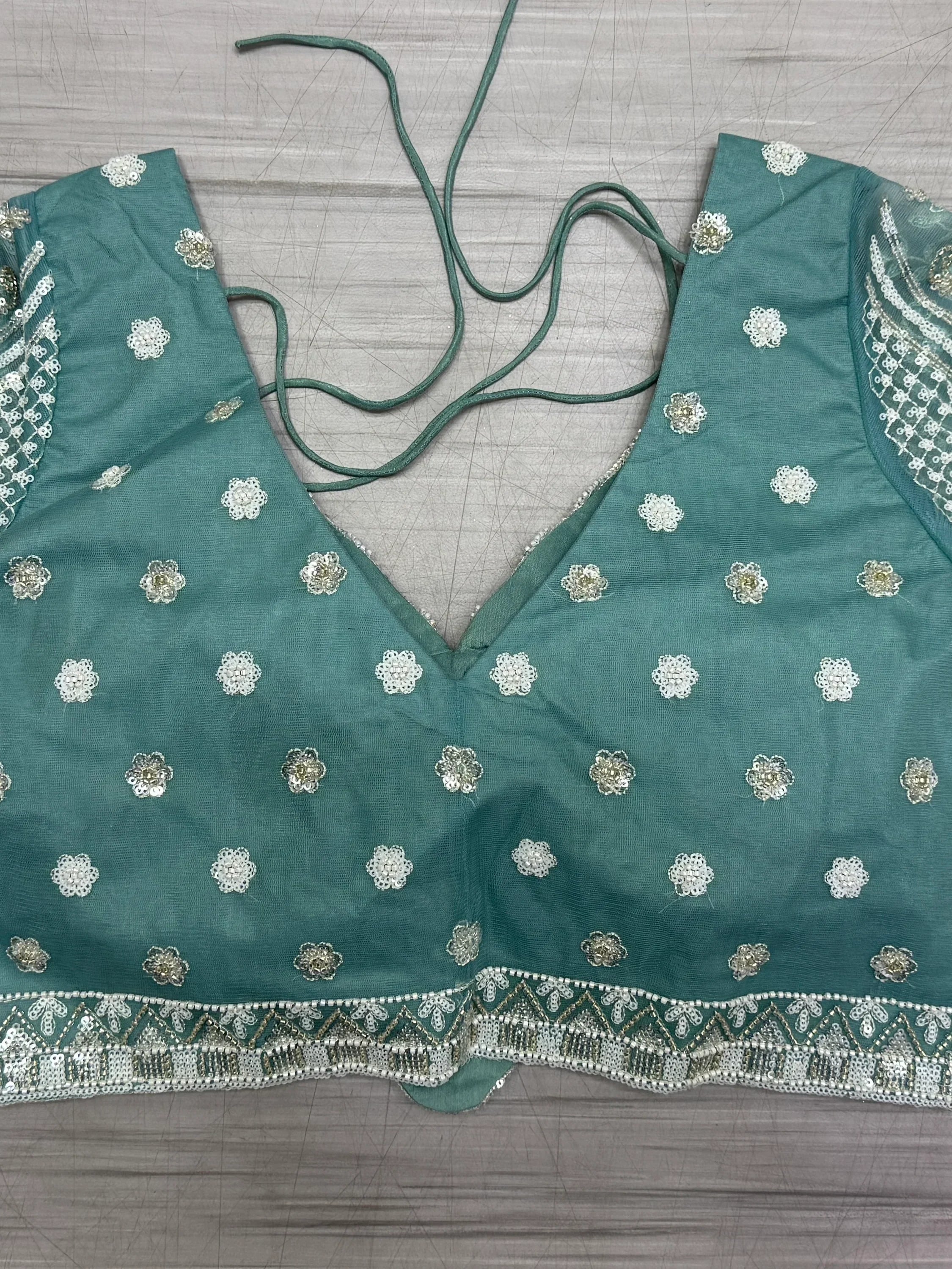 Charming Sky-Blue Pearl Work Net Bridesmaid Lehenga Choli With Dupatta
