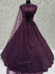 Glamorous Purple Thread Work Net Bridesmaid Lehenga Choli With Dupatta