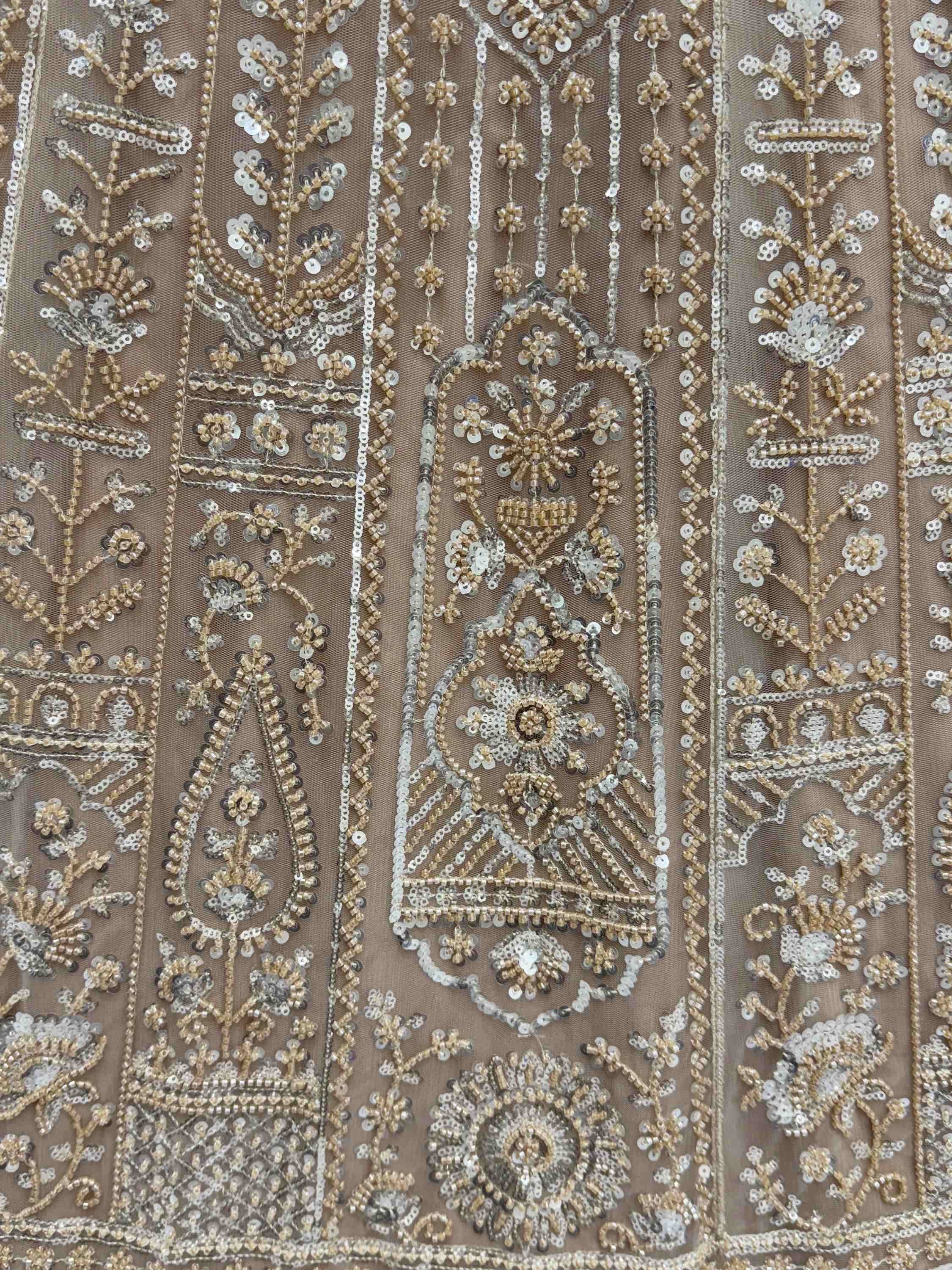 Elegant Indian ethnic wear with intricate gold and silver sequin embroidery on sheer fabric