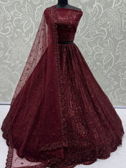 Dazzling Red Thread Work Net Bridesmaid Lehenga Choli With Dupatta