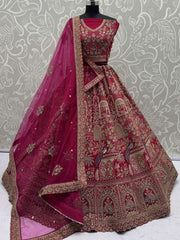Attractive Pink Thread Work Silk Bridal Wear Lehenga Choli With Double Dupatta