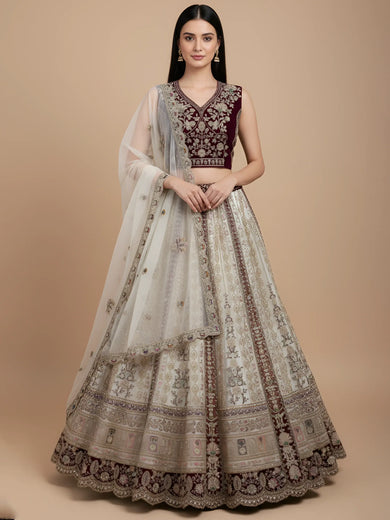 Astonishing Off-White Multi-Thread Work Net Bridal Lehenga Choli With Dupatta