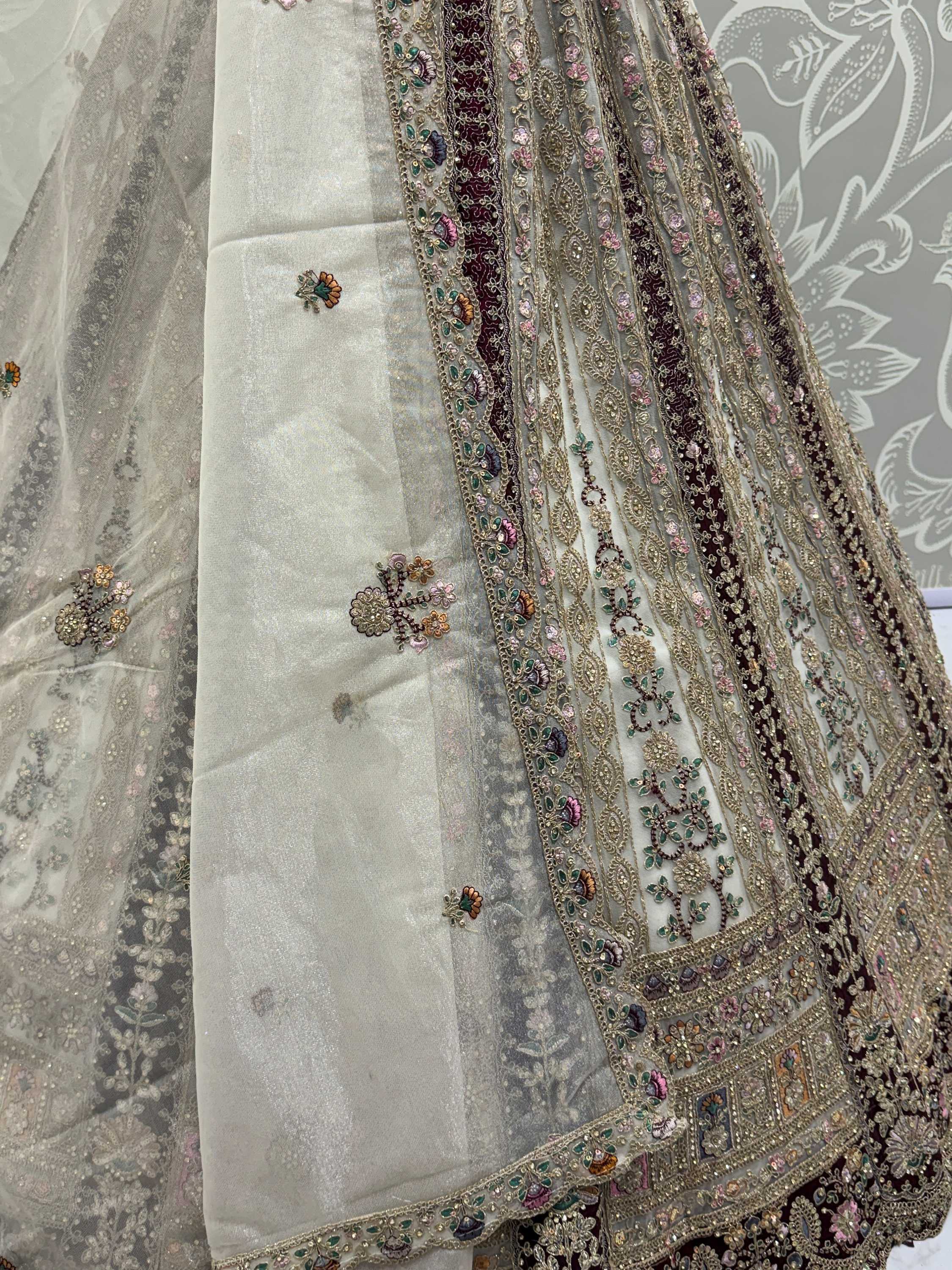 Astonishing Off-White Multi-Thread Work Net Bridal Lehenga Choli With Dupatta