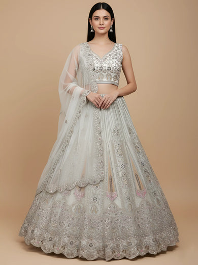Attractive White Thread Work Net Wedding Wear Lehenga Choli With Dupatta