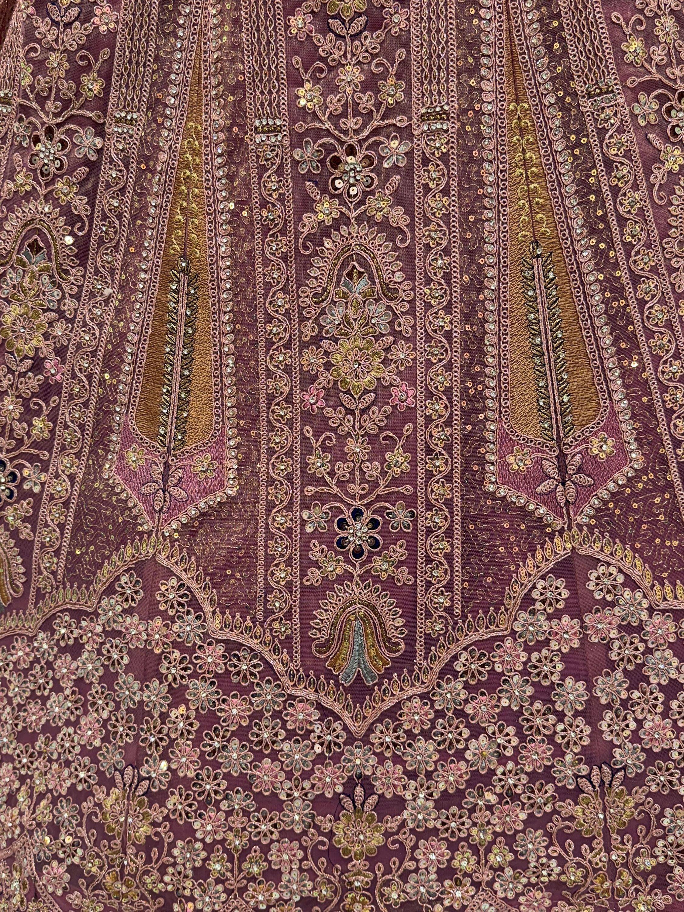 Luxury Indian ethnic wear with intricate floral embroidery and sequin detailing on maroon fabric