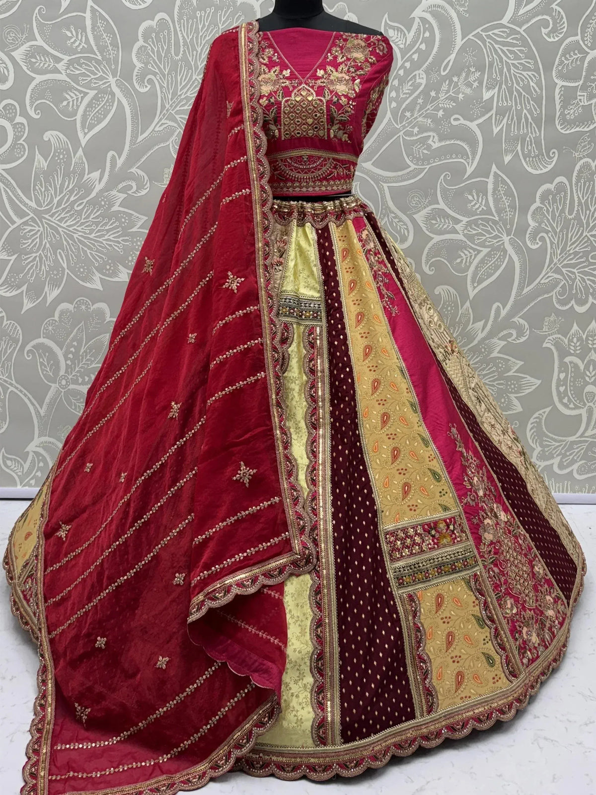 Red and gold embroidered lehenga choli with dupatta, Indian ethnic wear for weddings and festivals