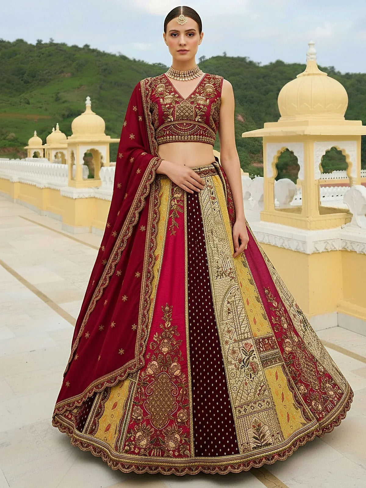 Maroon and gold embroidered lehenga choli with intricate patterns, perfect for Indian weddings and festive occasions.
