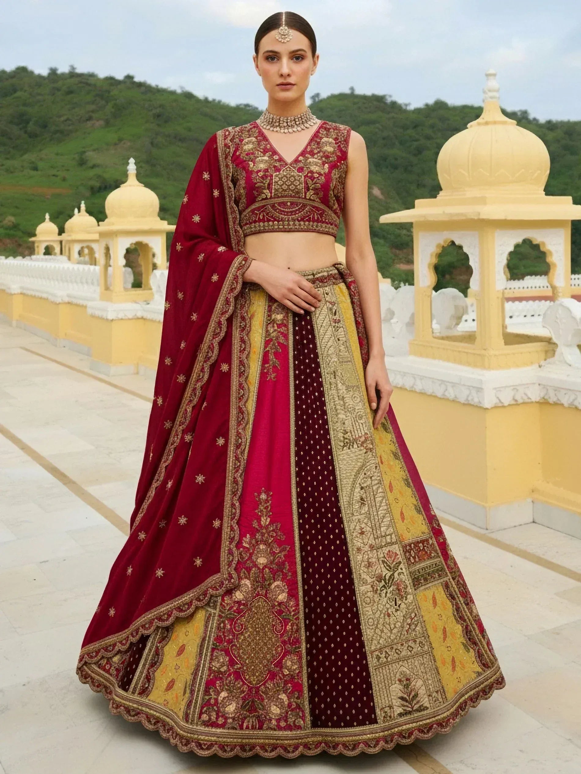 Maroon and gold embroidered lehenga choli with dupatta, traditional Indian ethnic wear for weddings and festivals