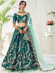 Dark Green Cording Mulberry Silk Bridal Wear Lehenga Choli