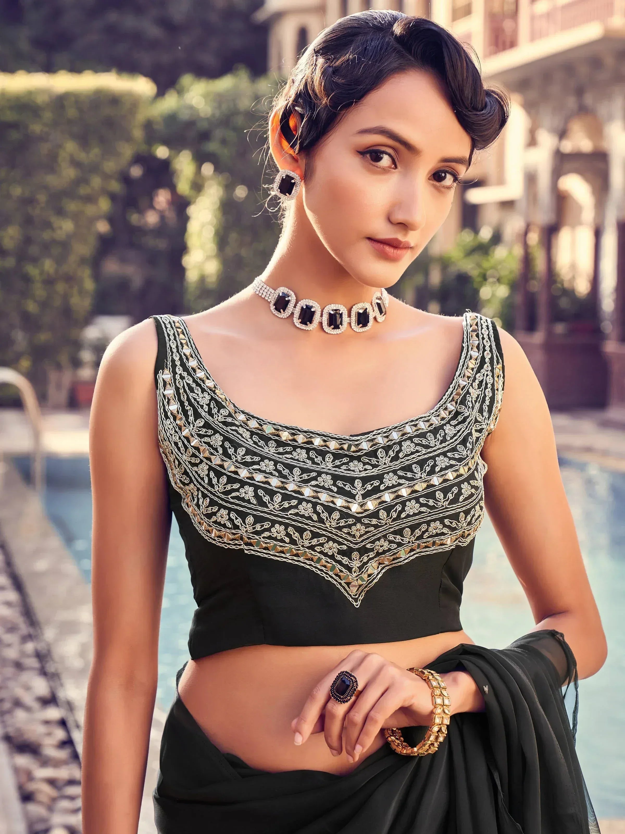 Dazzling Black Sequines Organza Cocktail Party Frill Saree With Blouse