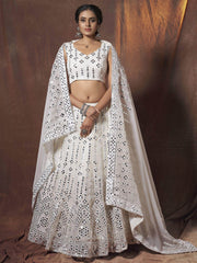 Marvelous White Mirror Work Georgette Lehenga Choli With Dupatta