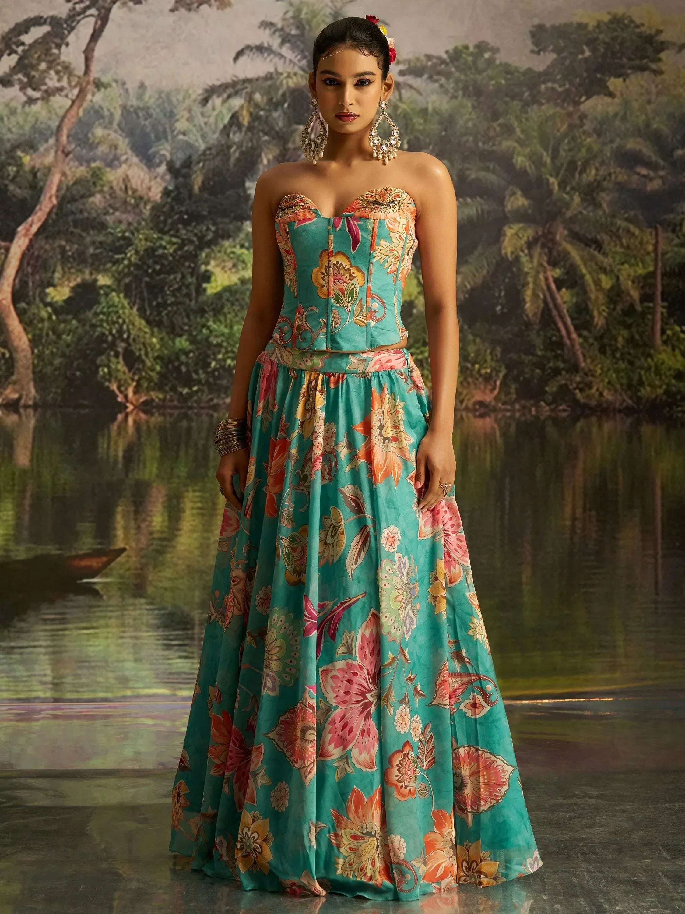 Turquoise floral strapless lehenga choli with embroidered bodice, perfect for Indian ethnic wear occasions