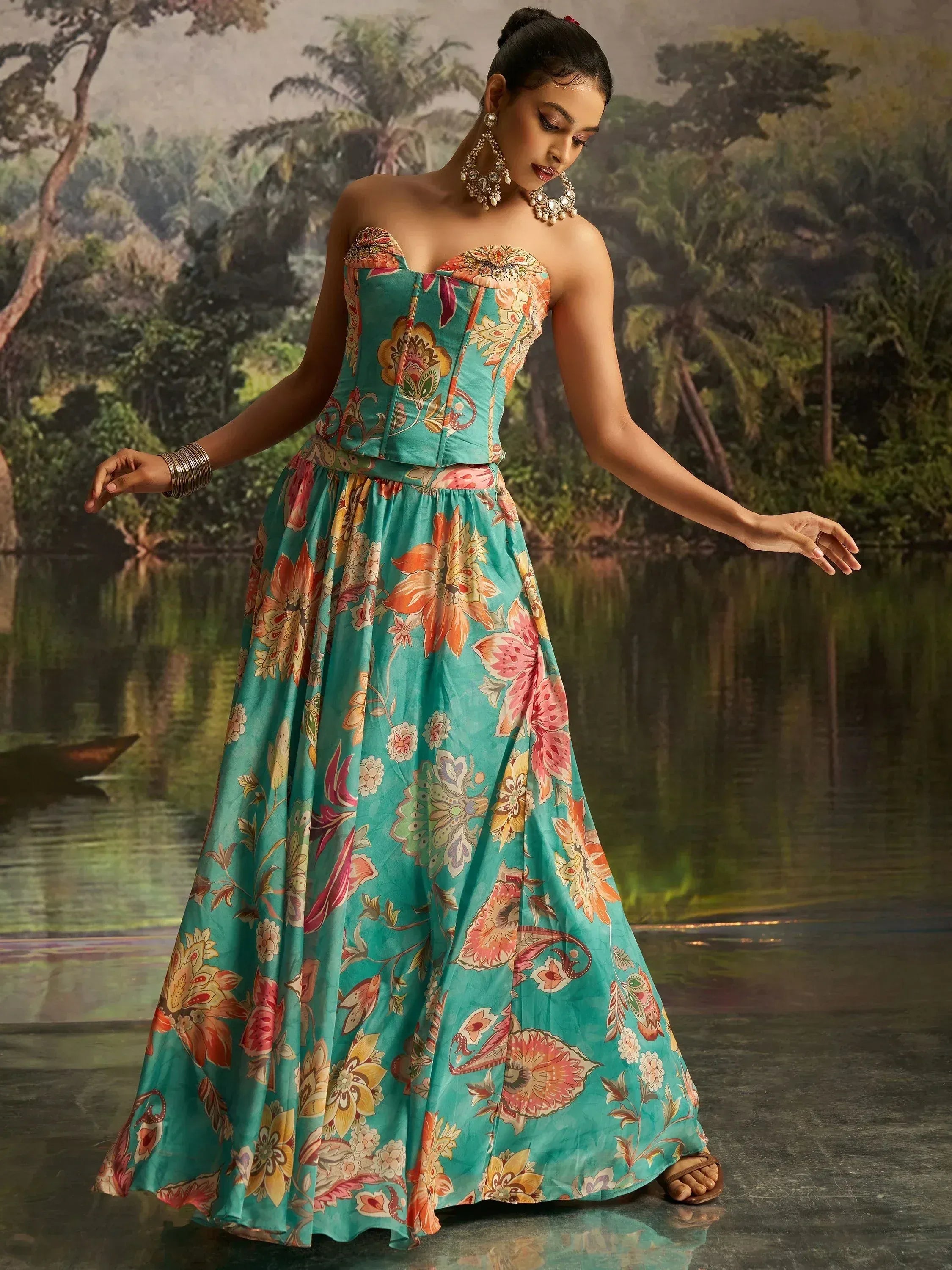 Teal floral print strapless ethnic gown with corset top, perfect for Indian occasions