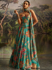 Superb Teal Green Digital Printed Georgette Designer Lehenga With Corset Choli