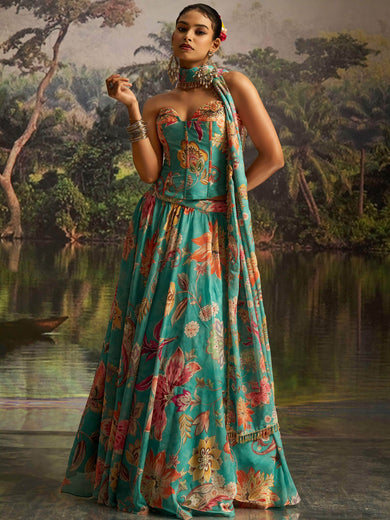 Superb Teal Green Digital Printed Georgette Designer Lehenga With Corset Choli