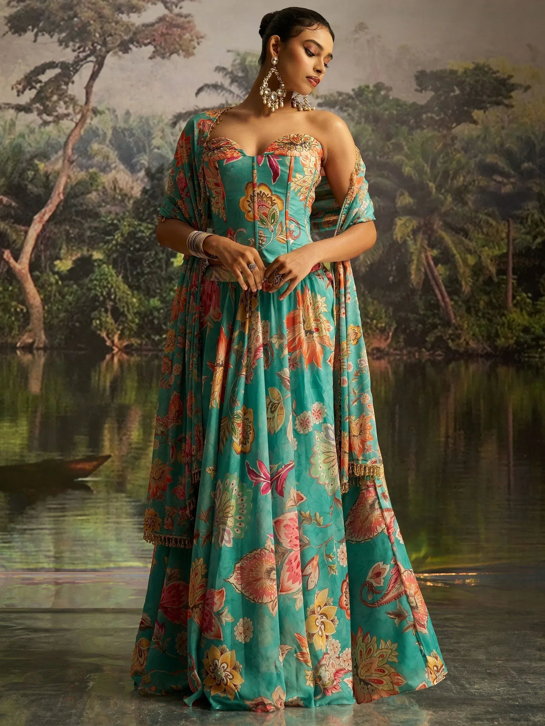 Teal floral print designer lehenga choli with off-shoulder blouse and dupatta, perfect for Indian ethnic occasions