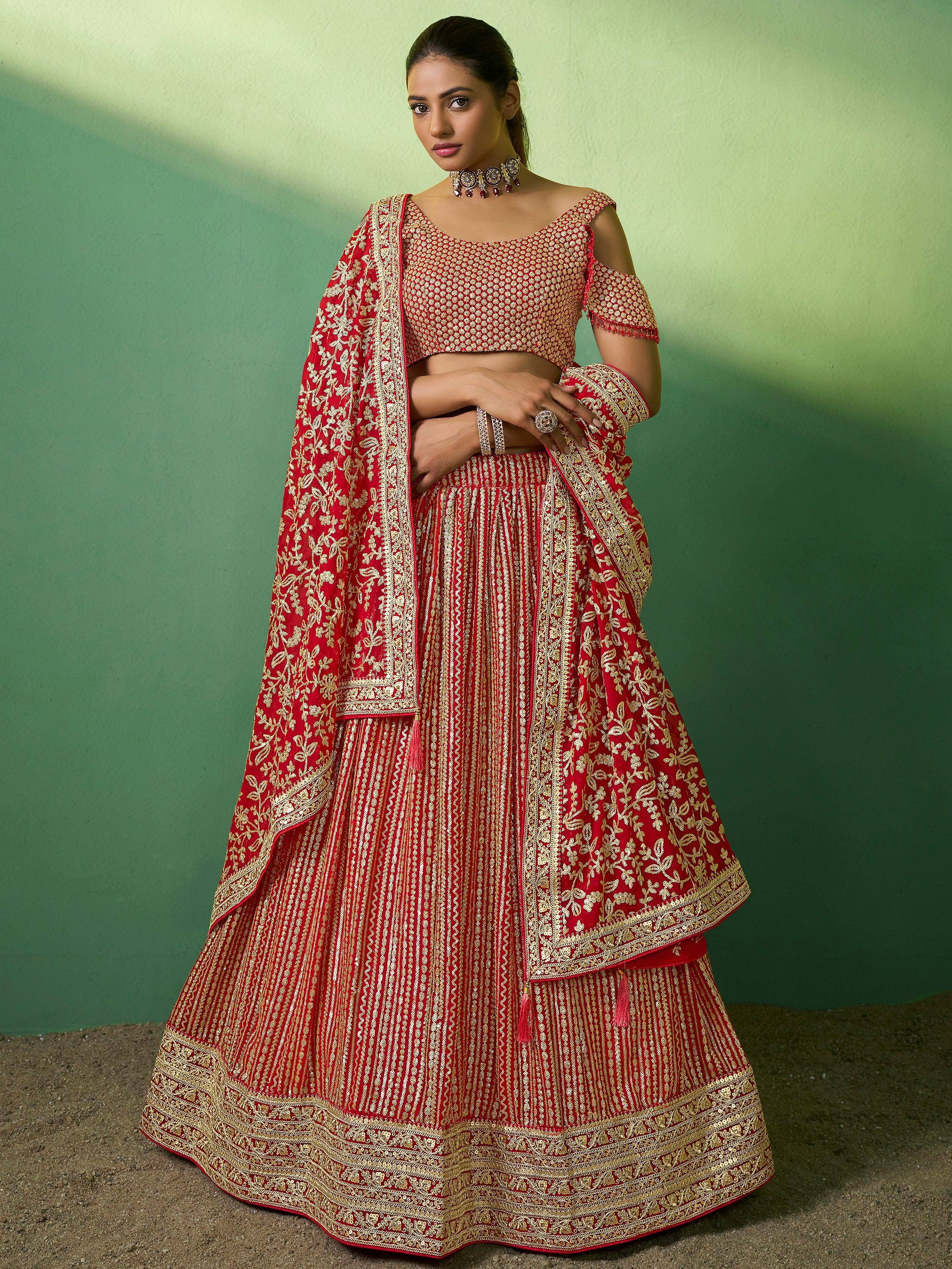 Red and gold embroidered lehenga choli with floral dupatta for Indian ethnic wear