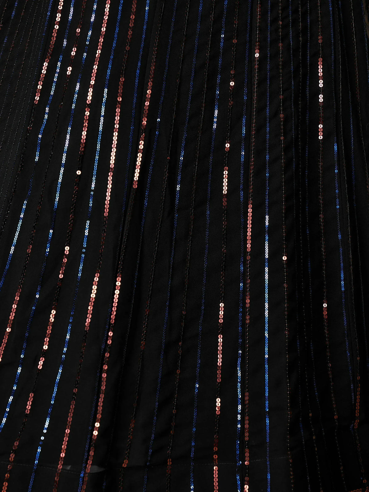 Black ethnic gown with blue and rose gold sequin stripes for festive occasions
