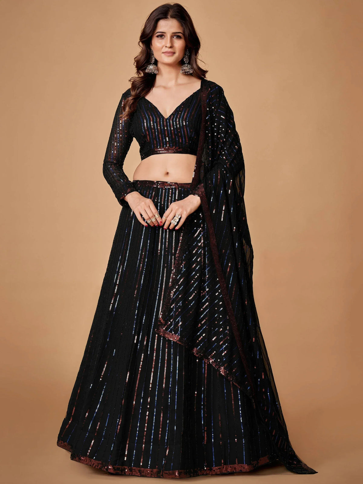 Black sequin lehenga choli with V-neck blouse and sheer dupatta, Indian ethnic wear for women