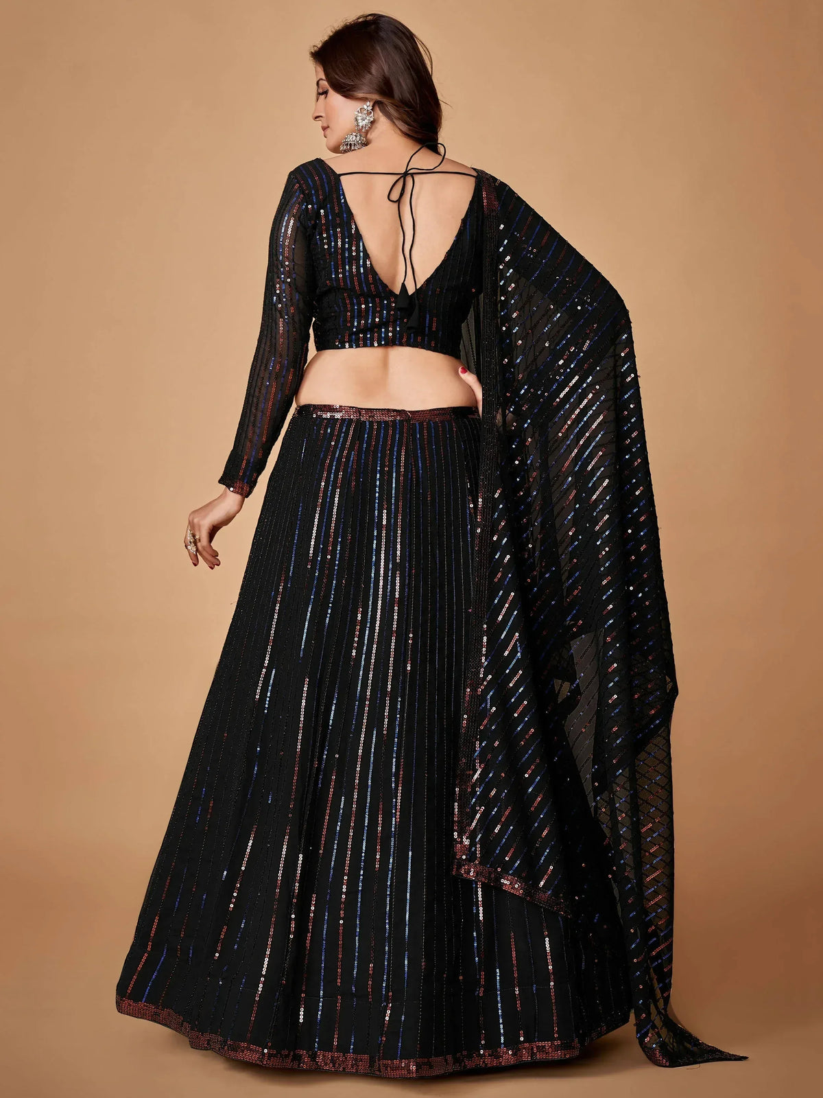 Black sequin lehenga choli with back tie design and matching dupatta for ethnic wear