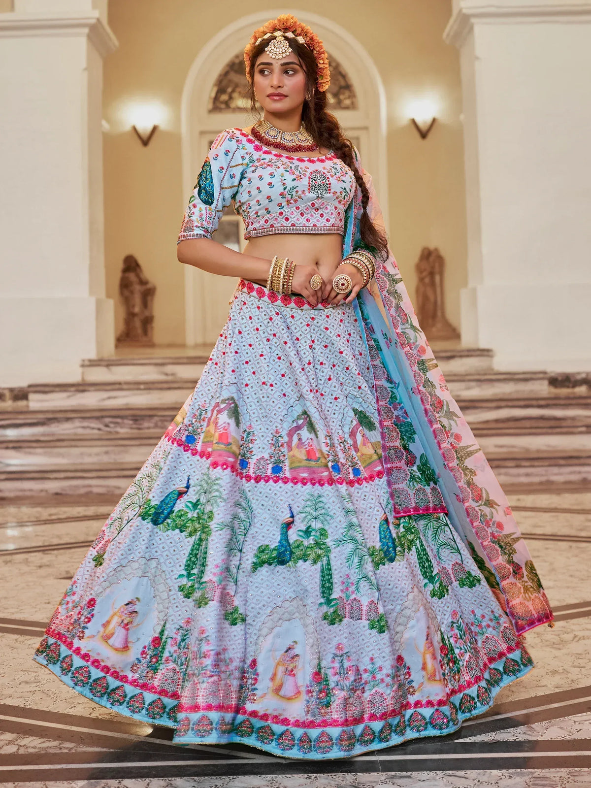 Designer lehenga choli with peacock and floral print, perfect for Indian ethnic wear occasions