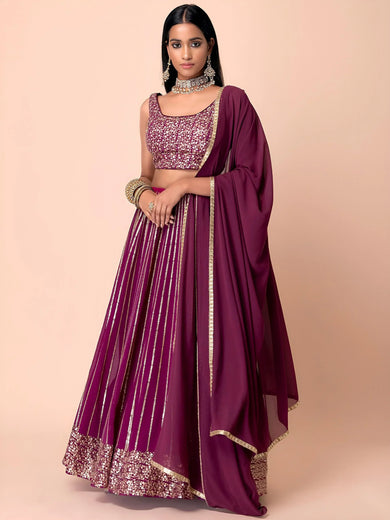 Marvelous Wine Sequins Georgette Reception Wear Lehenga Choli