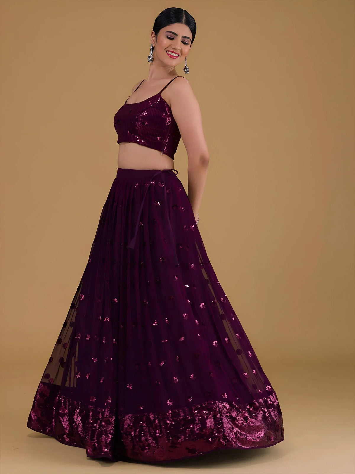 Purple sequin lehenga choli with floral embroidery, perfect for Indian ethnic wear and festive occasions