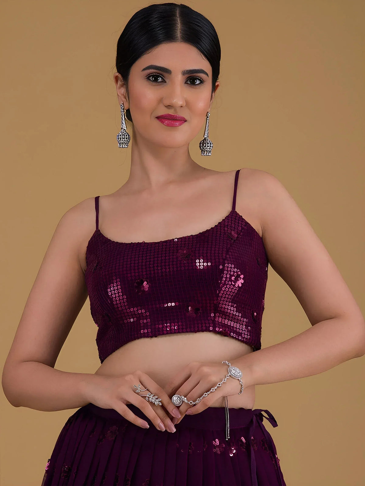 Purple sequin lehenga choli with spaghetti straps, perfect for Indian ethnic wear events