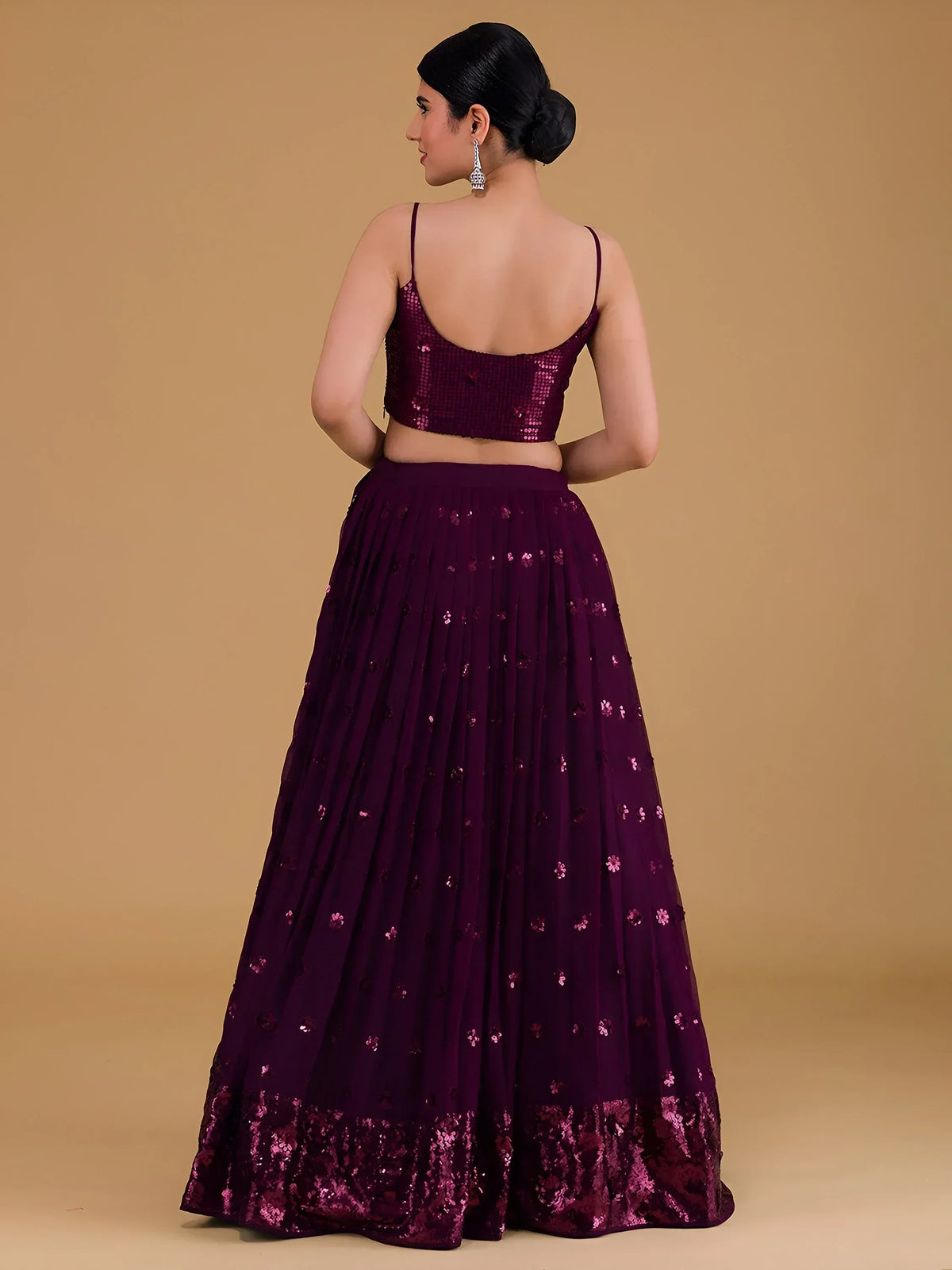 Purple sequin lehenga choli with floral embroidery, back view, ethnic Indian wear