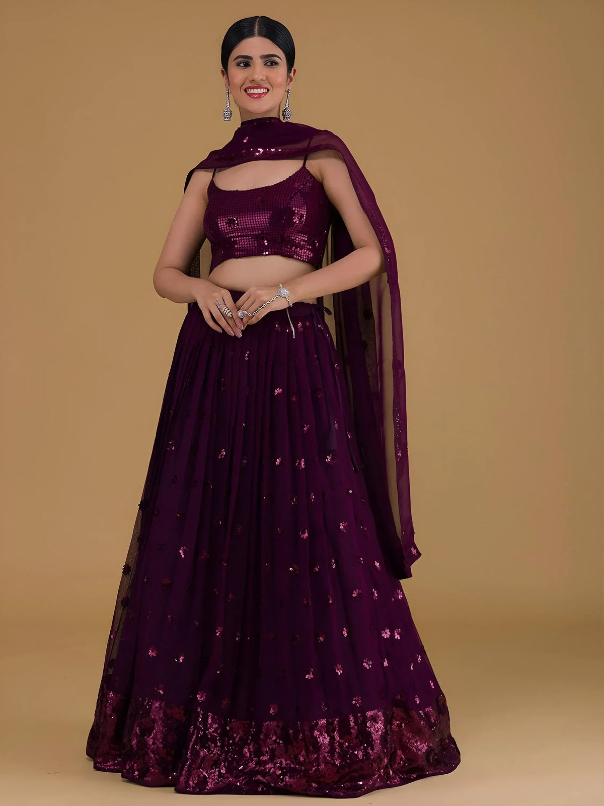 Purple sequin lehenga choli with floral embroidery and sheer dupatta, perfect for Indian ethnic occasions