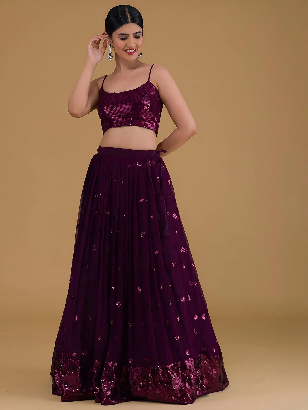 Purple sequin lehenga choli with floral embroidery, perfect for Indian ethnic wear events