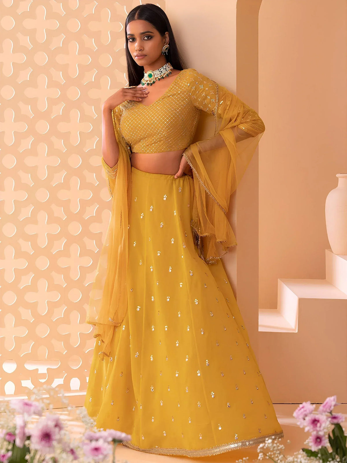Yellow designer lehenga choli with sequin work, perfect for Indian ethnic wear events