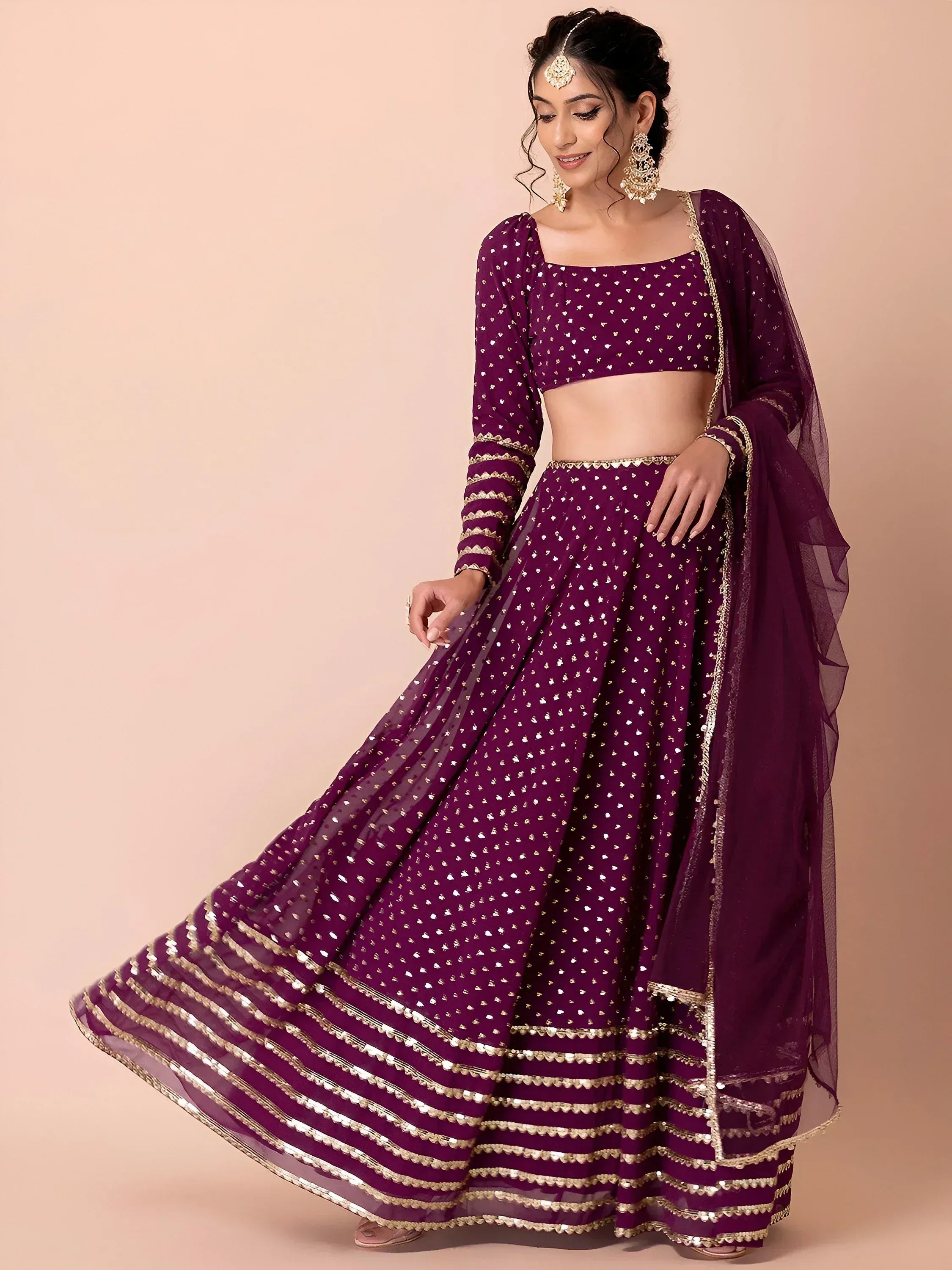 Alluring Purple Sequins Georgette Bridesmaid Lehenga Choli With Dupatta