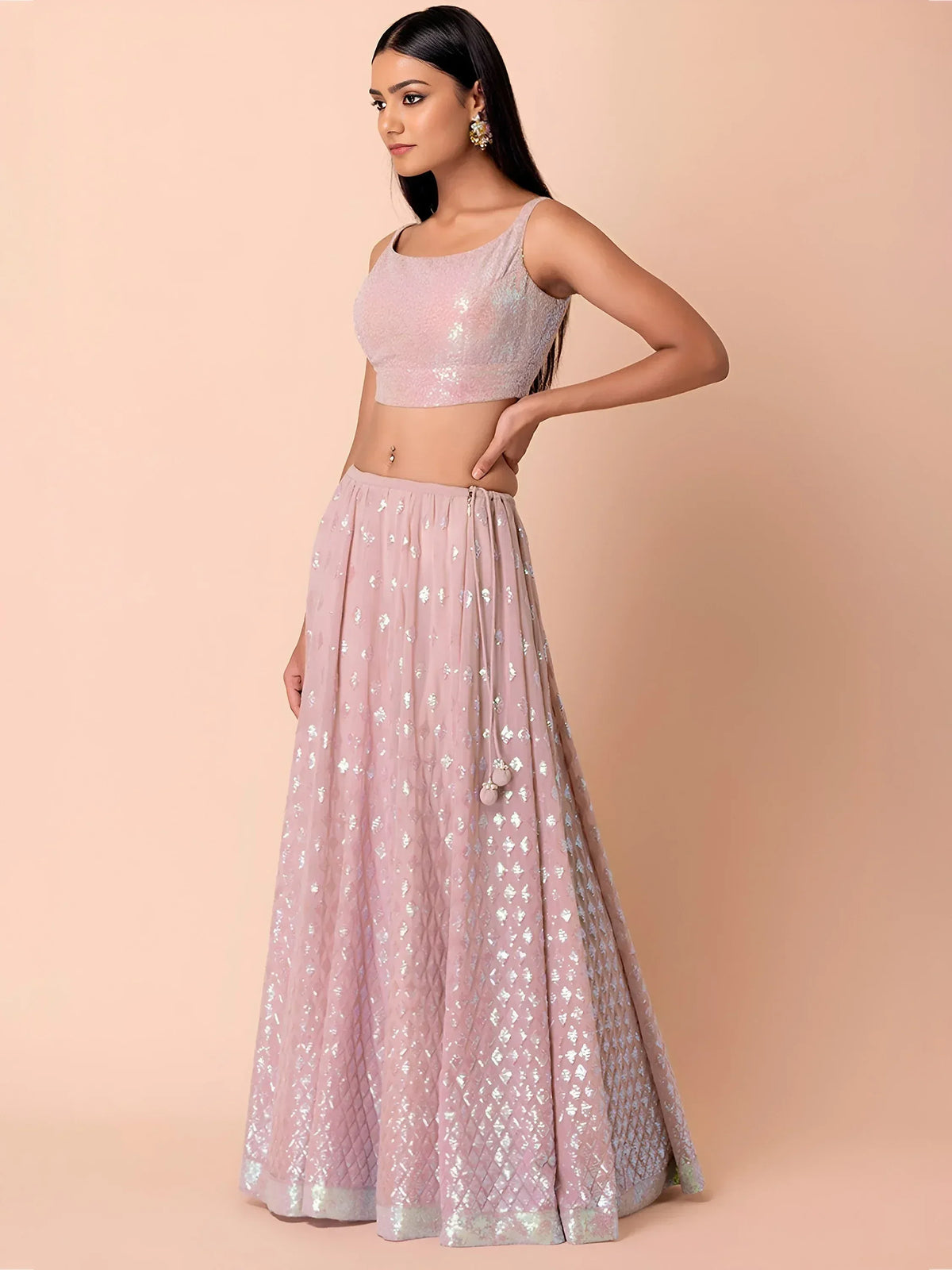 Pink sequin lehenga choli with crop top, perfect for Indian ethnic wear and festive occasions.