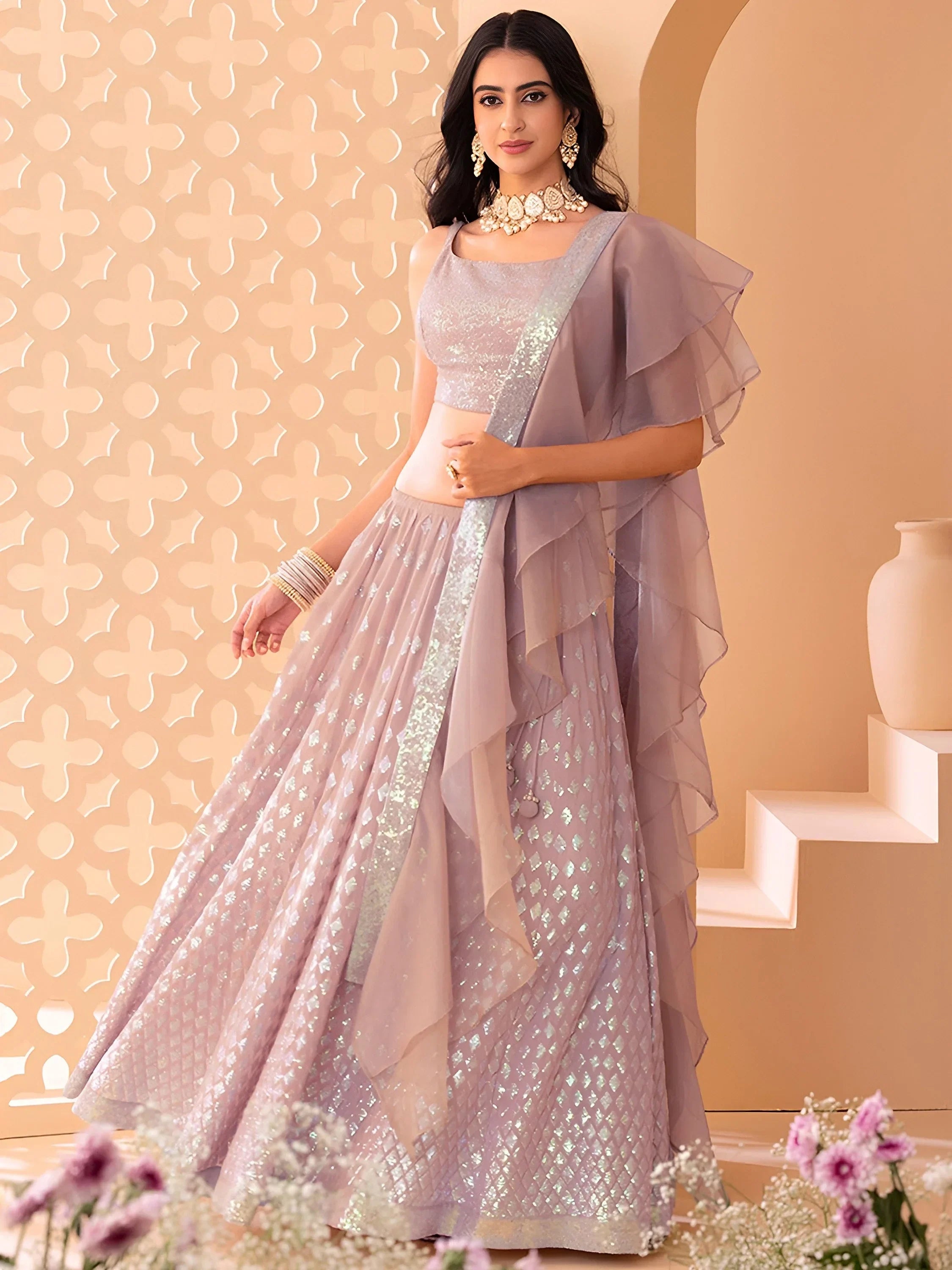 Astonishing Pink Embroidered Georgette Party Wear Lehenga Choli