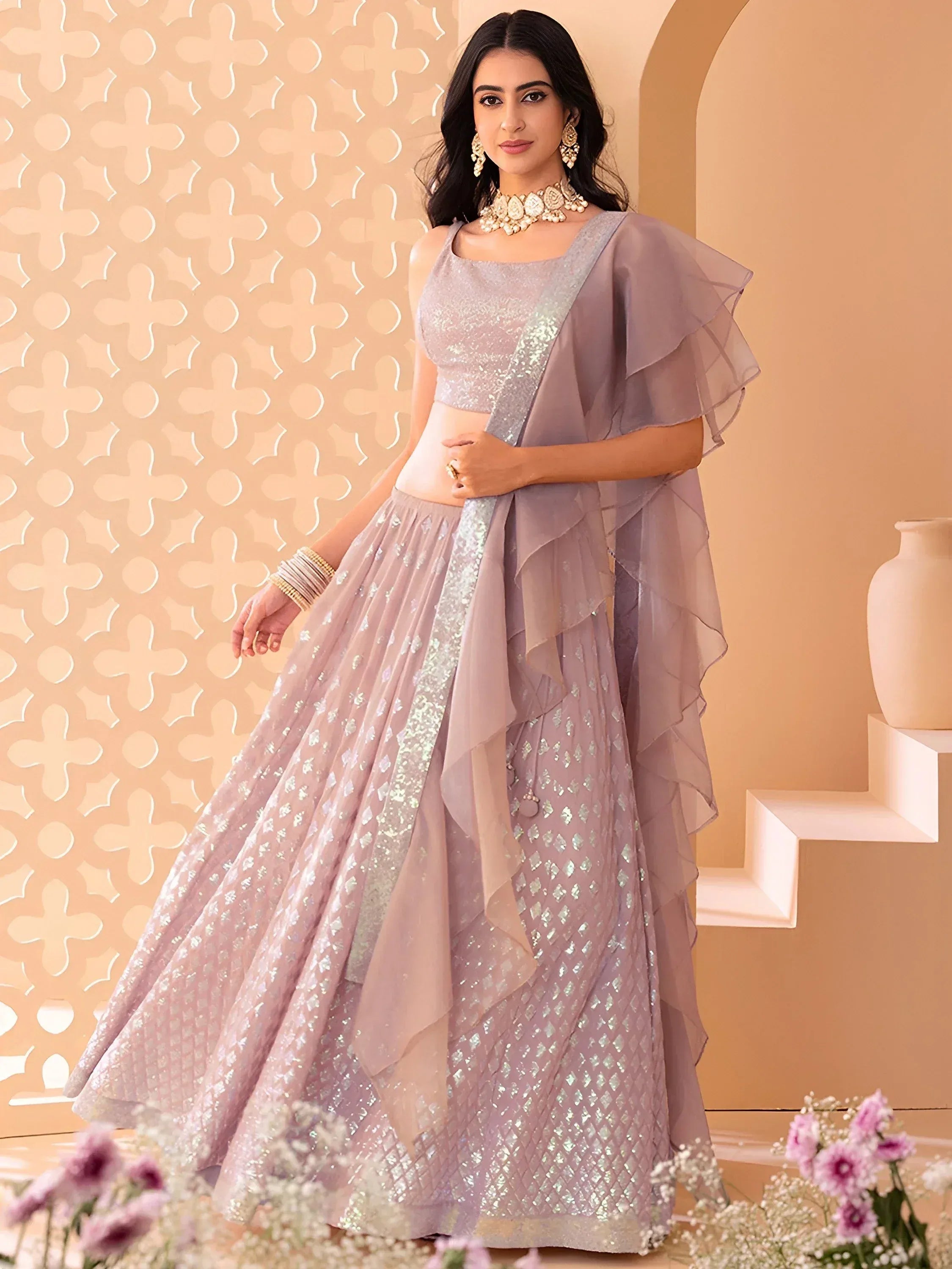 Astonishing Pink Embroidered Georgette Party Wear Lehenga Choli