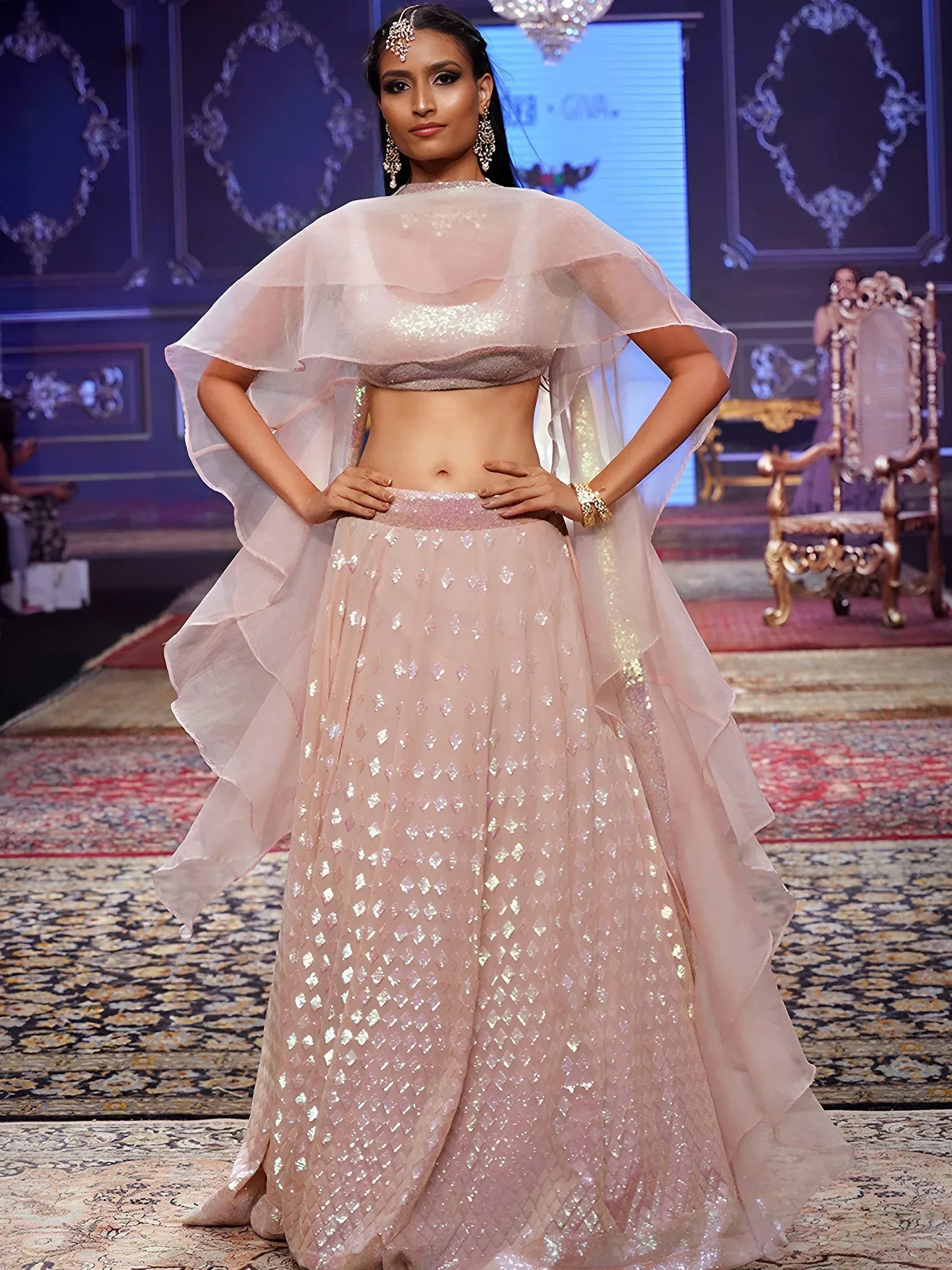 Pink sequin lehenga choli with sheer cape, Indian ethnic wear for weddings and parties