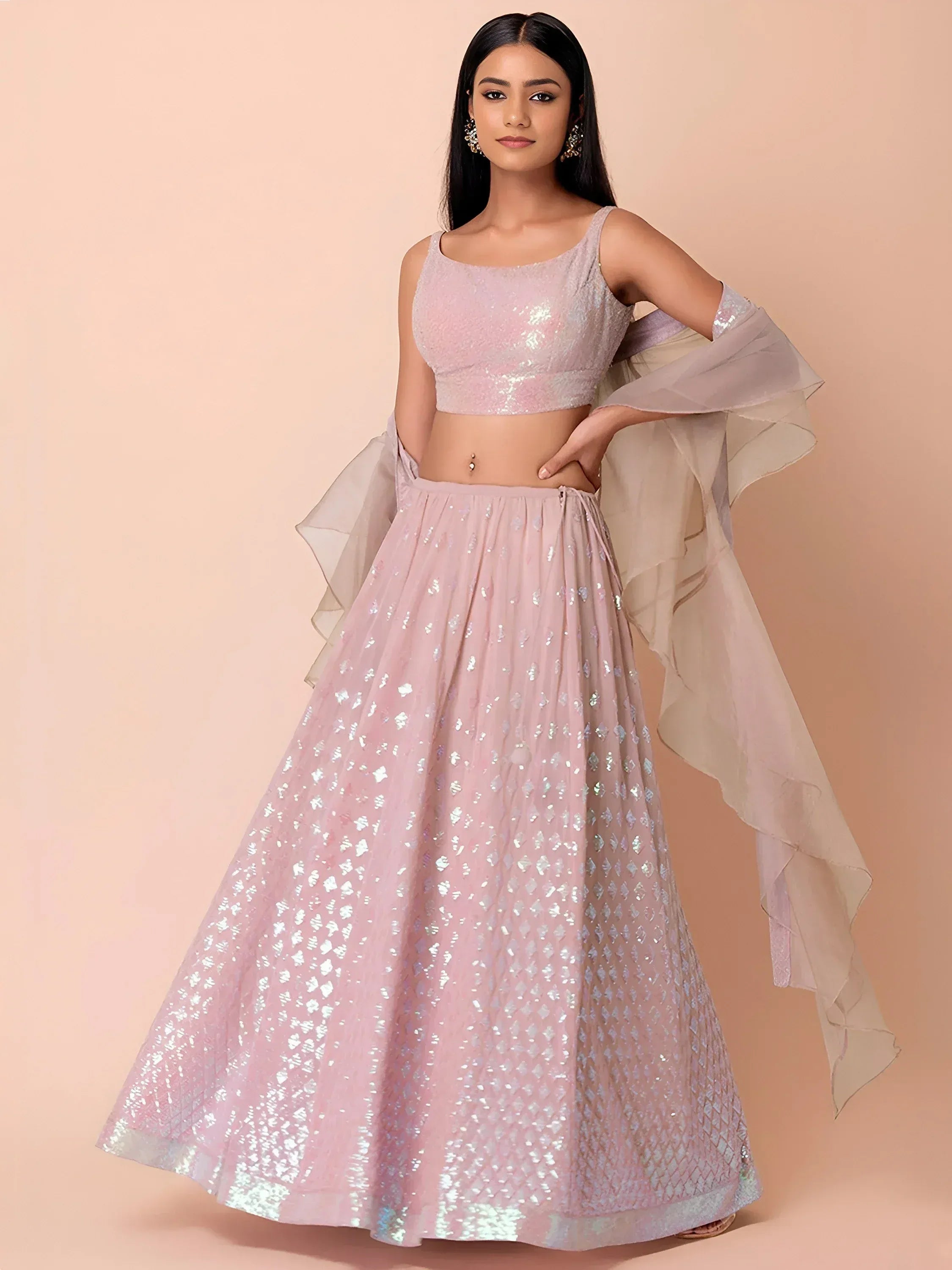 Pink sequin lehenga choli with sheer dupatta, Indian ethnic wear for women