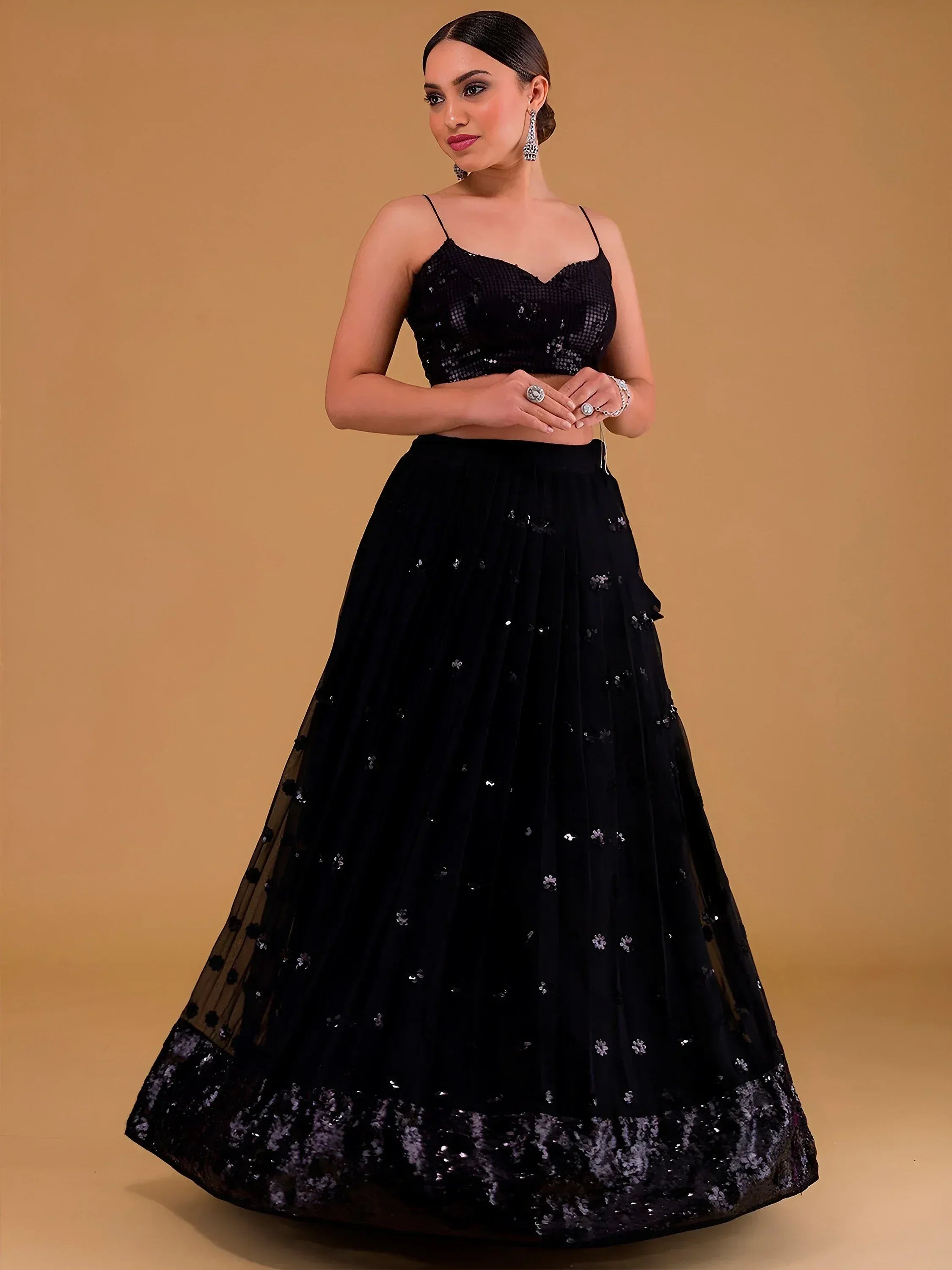 Outstanding Black Sequins Georgette Party Wear Lehenga Choli