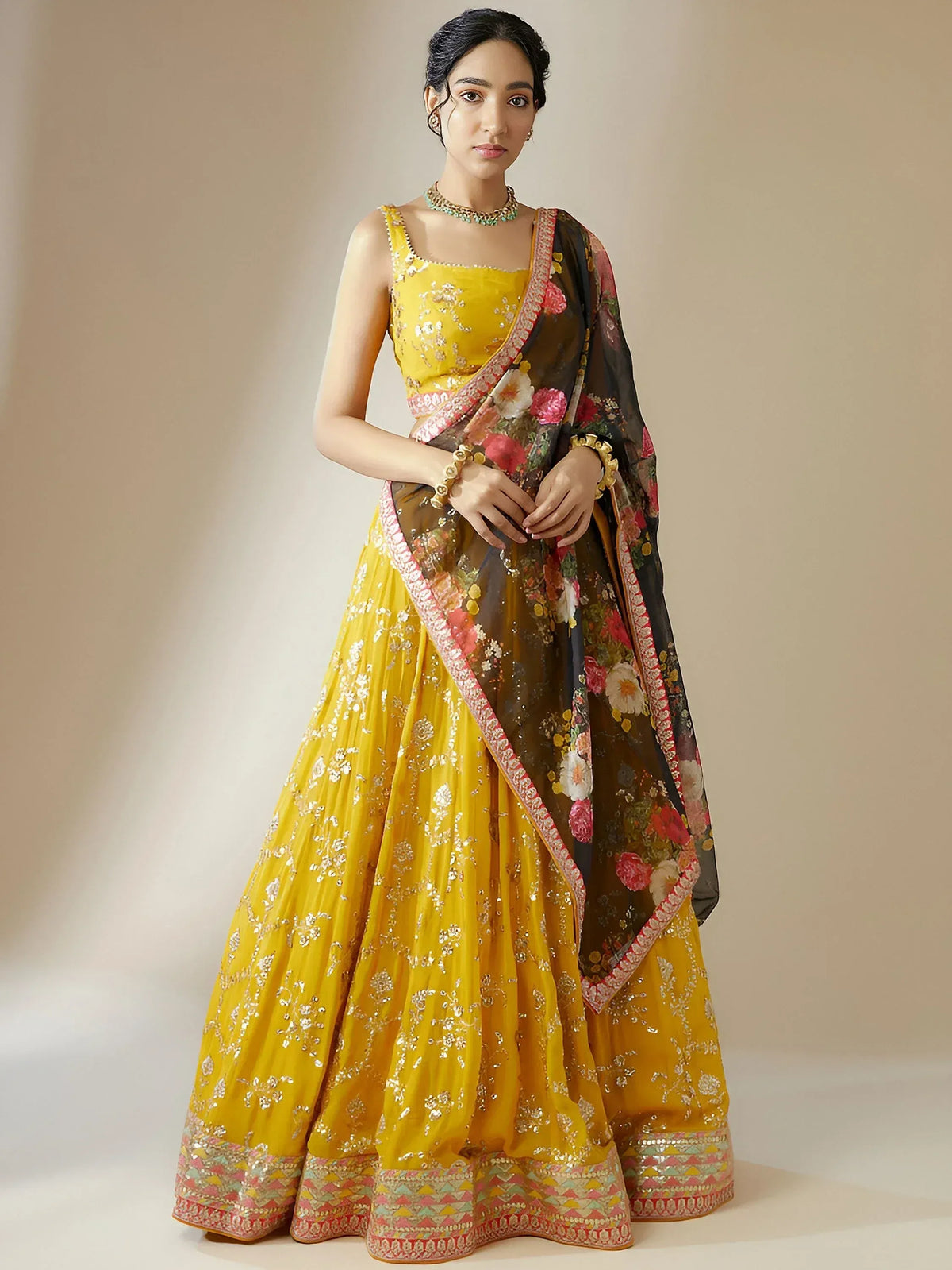 Yellow embroidered lehenga choli with floral dupatta, Indian ethnic wear for women