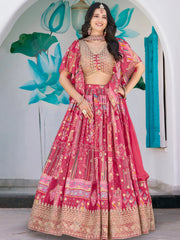 Attractive Pink Chinon Thread Embroidered Wedding Wear Lehenga Choli