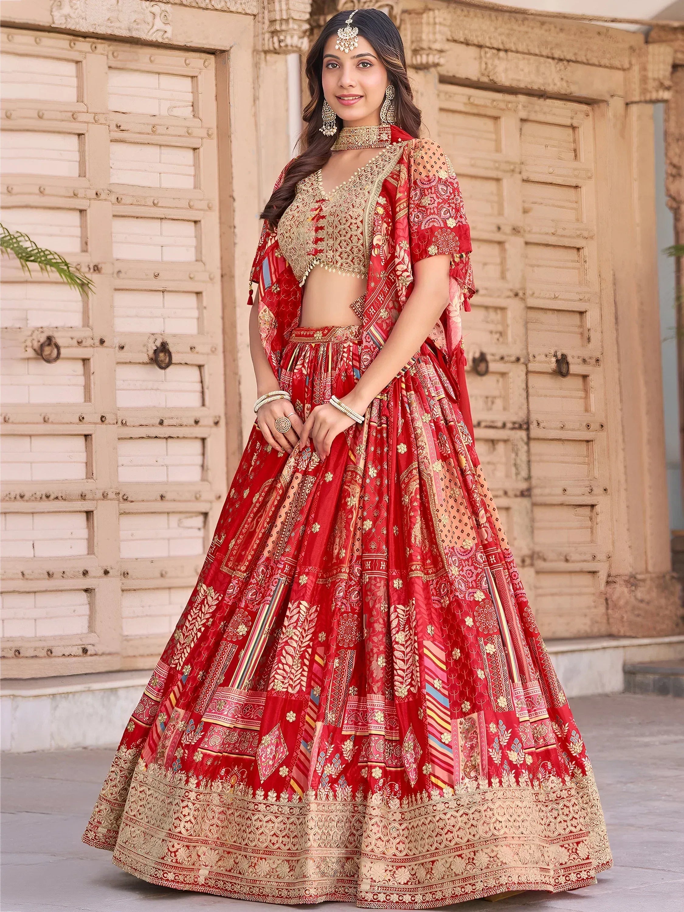 Stunning Red Chinon Digital Printed Wedding Lehenga Choli