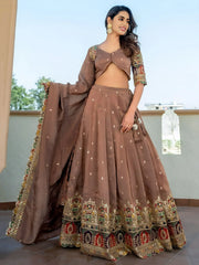 Stunning Beige Silk Sequins Party Wear Lehenga Choli With Dupatta