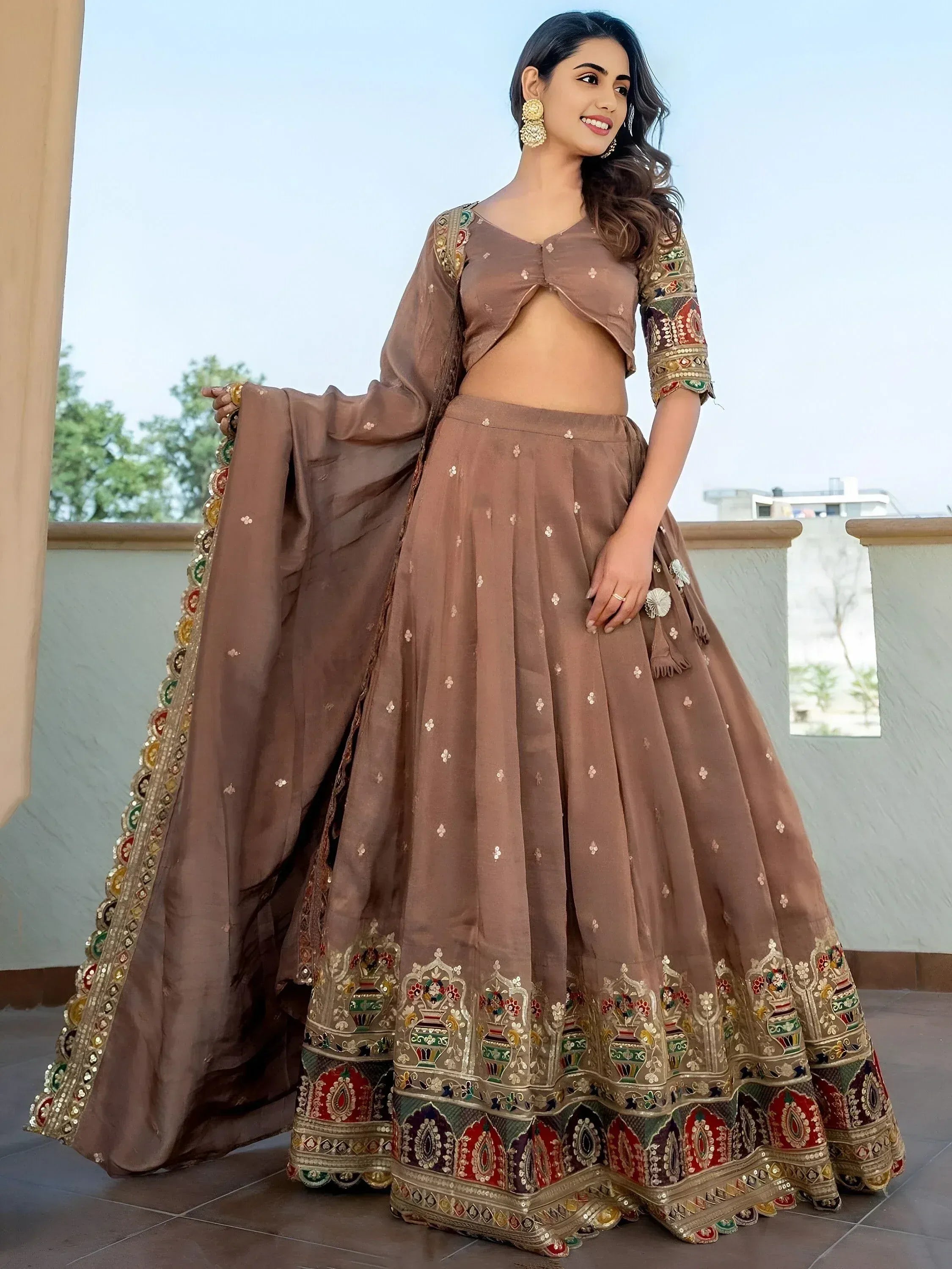 Stunning Beige Silk Sequins Party Wear Lehenga Choli With Dupatta